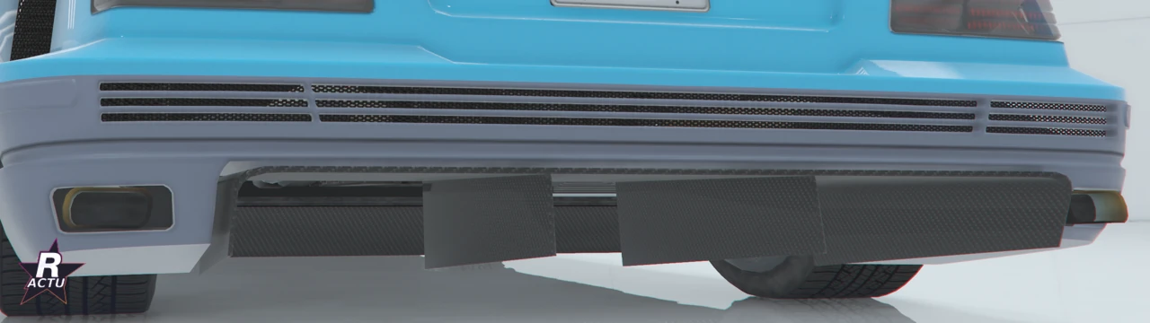 Gros plan arriÚre de la Benefactor LRC GT bleu cyan avec le diffuseur de série sous le pare-chocs