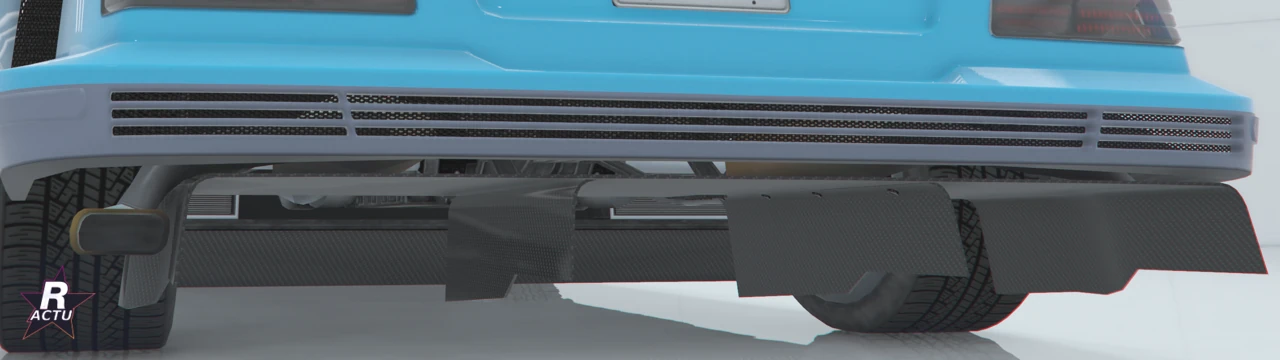 ArriÚre dénudé de la Benefactor LRC GT, diffuseur Stage 2 sans pare-chocs, roues arriÚre visibles