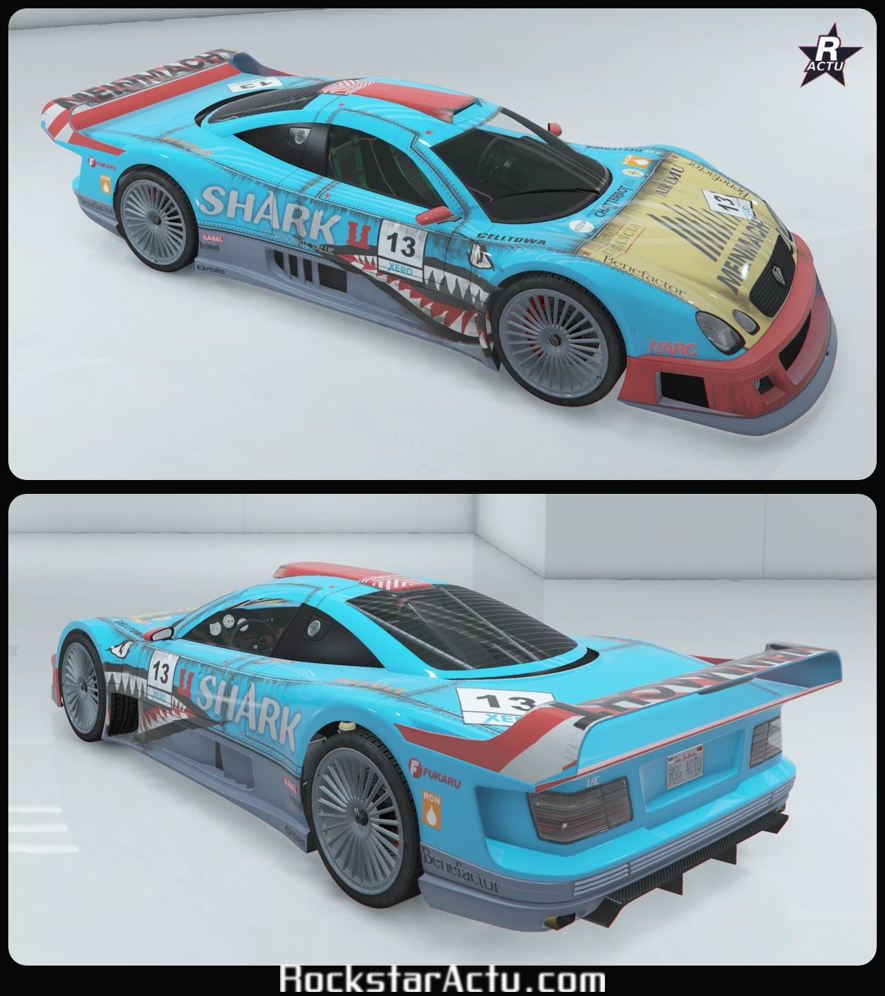 Vues avant et arriÚre de la Benefactor LRC GT parée du motif Attaque, livrée sponsorisée aux couleurs d'une marque fictive