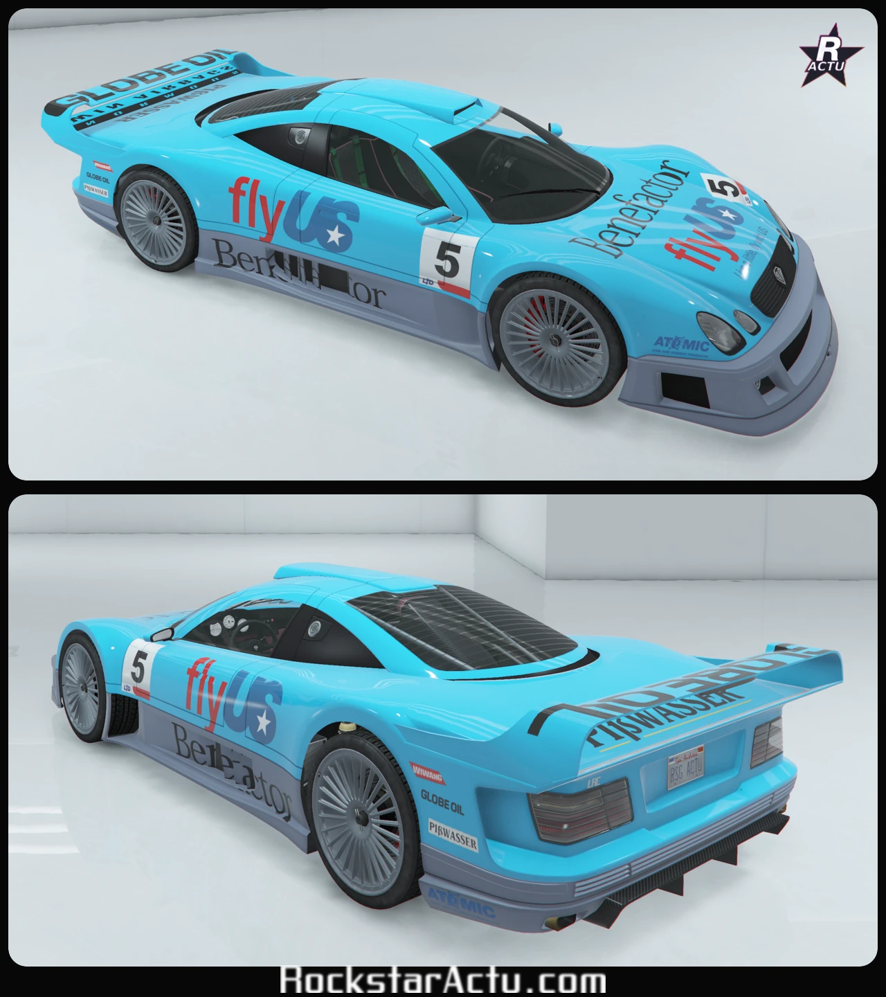 Vues avant et arriÚre de la Benefactor LRC GT habillée du motif FlyUS, livrée aux couleurs de la compagnie aérienne fictive