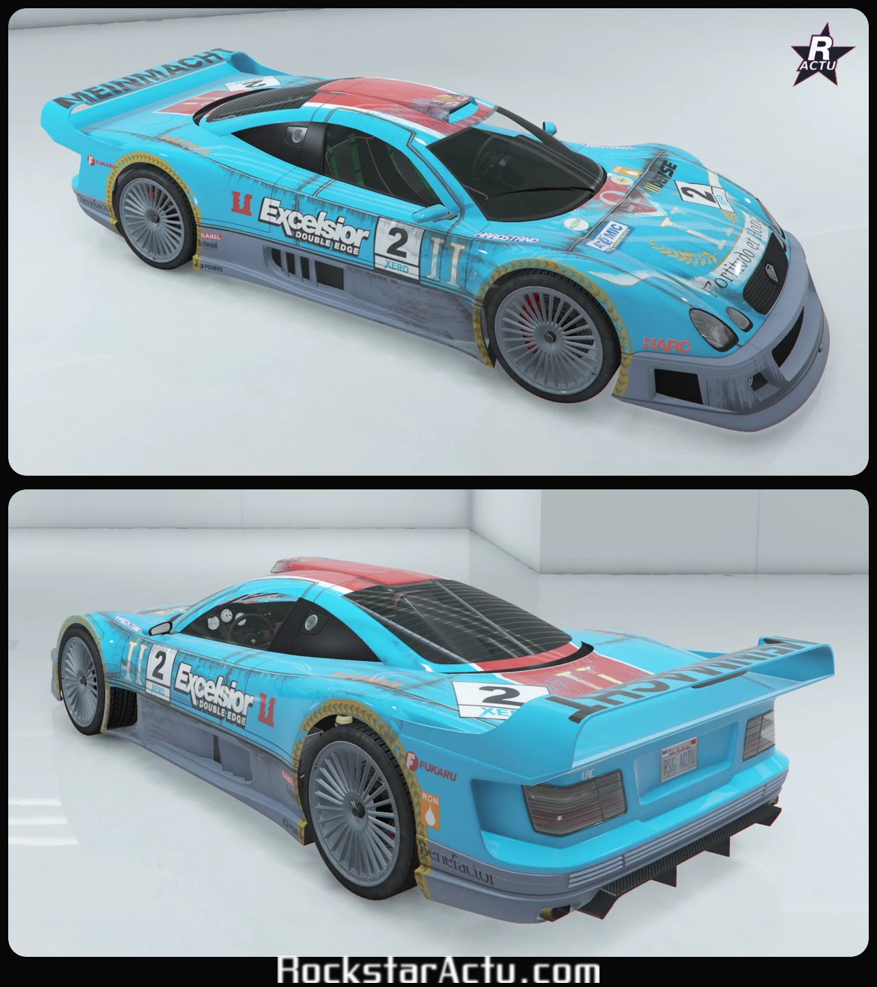 Vues avant et arriÚre de la Benefactor LRC GT sous le motif Rempart, livrée aux couleurs d'une marque fictive de GTA Online