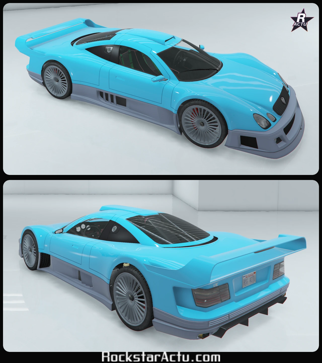 Vues avant et arriÚre de la Benefactor LRC GT sans motif, carrosserie bleu cyan clair uniforme sans livrée de marque