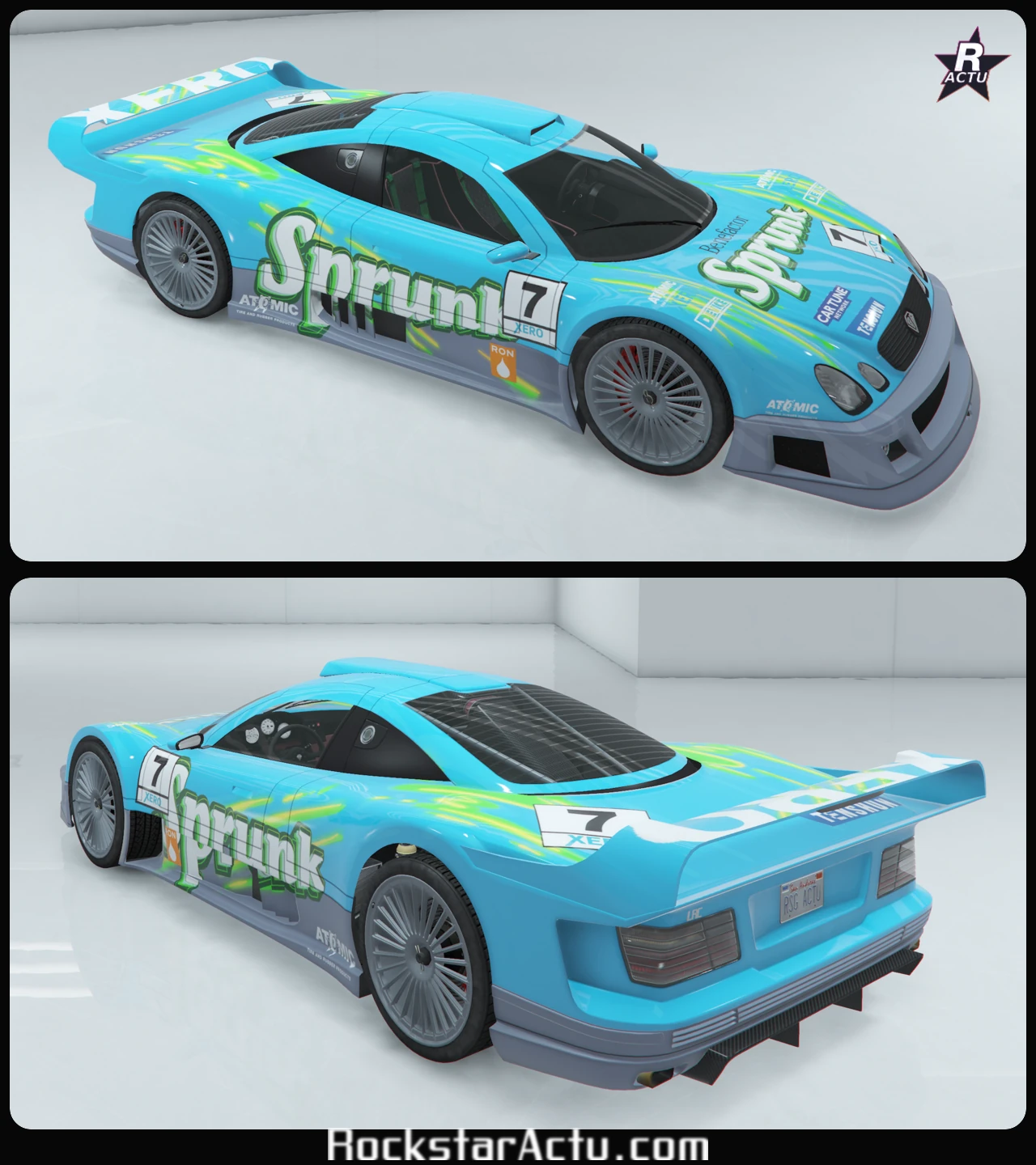 Vues avant et arriÚre de la Benefactor LRC GT sous le motif Sprunk, livrée aux couleurs du soda fictif emblématique de GTA