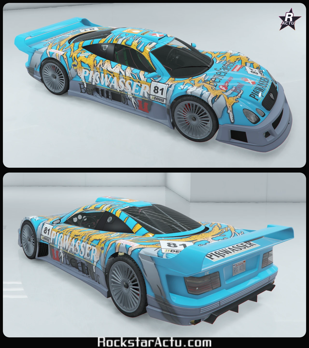 Vues avant et arriÚre de la Benefactor LRC GT sous le motif Tigre, livrée aux couleurs de la marque fictive de GTA Online