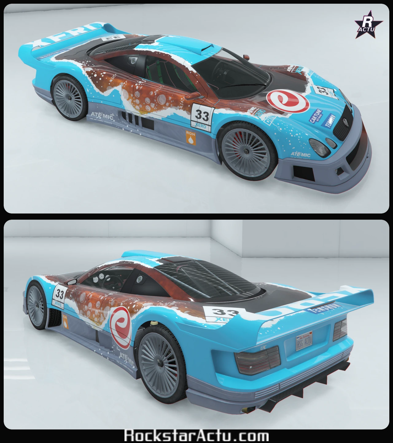 Vues avant et arriÚre de la Benefactor LRC GT habillée du motif eCola, livrée reprenant les couleurs du soda fictif de GTA