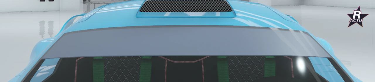 Gros plan du pare-brise de la Benefactor LRC GT, bandeau pare-soleil à motif décoratif sur le haut