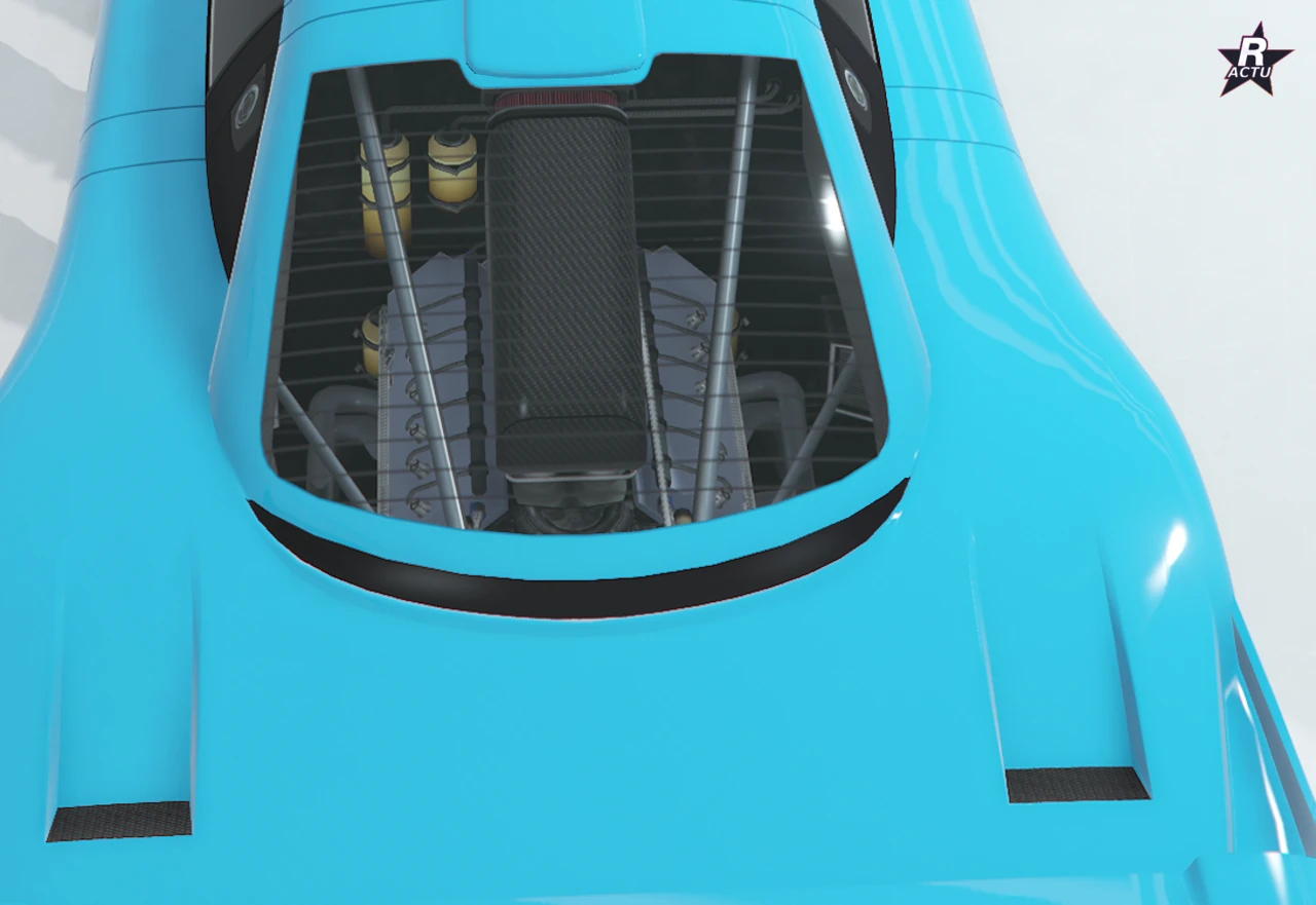 Capot moteur aérodynamique à persiennes sur l'arriÚre de la Benefactor LRC GT, vue en plongée