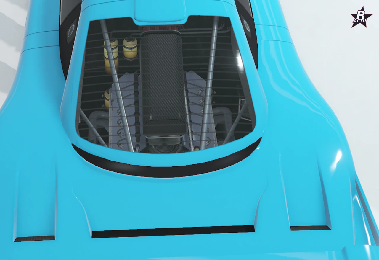 Capot moteur aérodynamique Mk II aux lamelles resserrées, arriÚre de la Benefactor LRC GT en plongée
