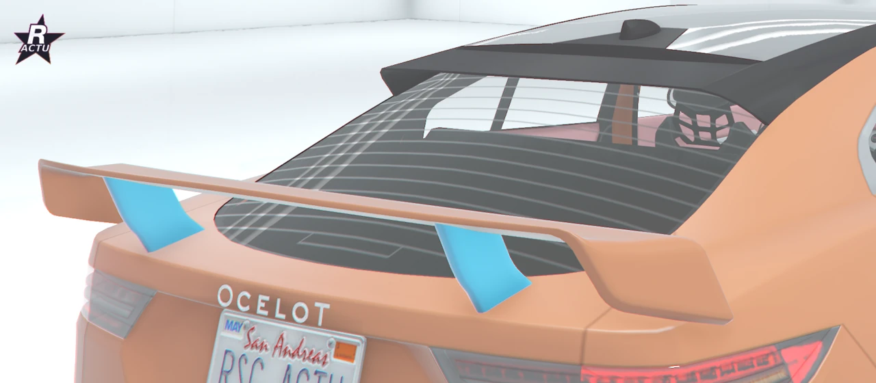 Aileron de sport sur le hayon orange de l'Ocelot E-Stride
