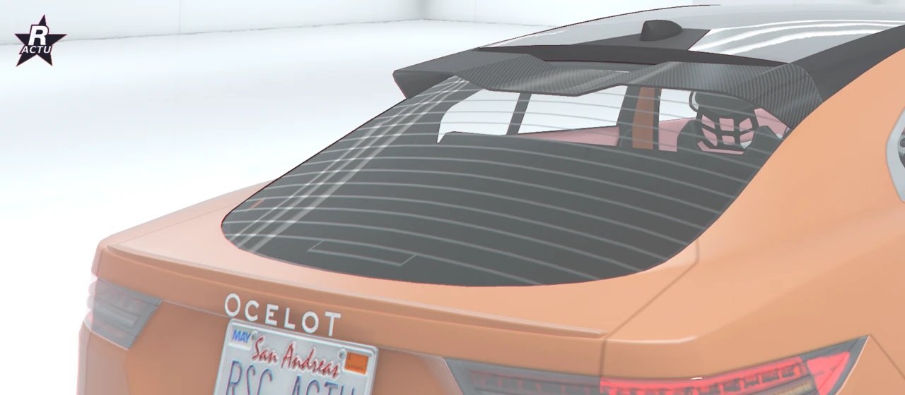 Aileron en carbone noir sur le hayon orange de l'Ocelot E-Stride