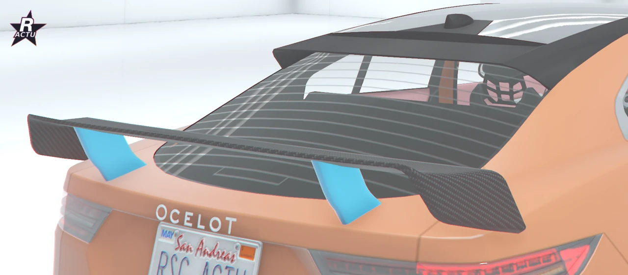 Aileron de sport en carbone noir sur la poupe orange de l'E-Stride
