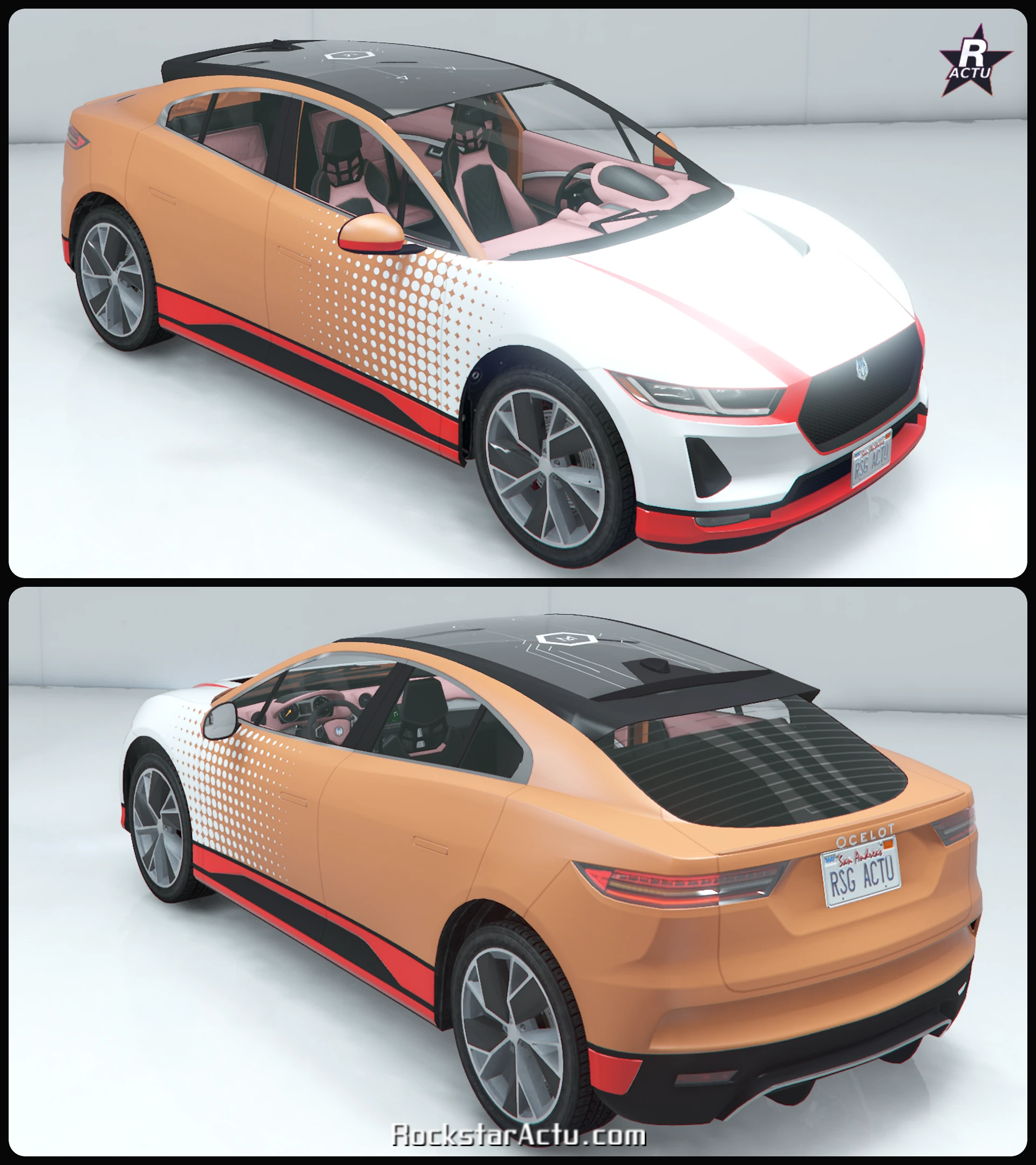 Livrée Champion classique blanche et rouge sur l'Ocelot E-Stride, avant et arrière