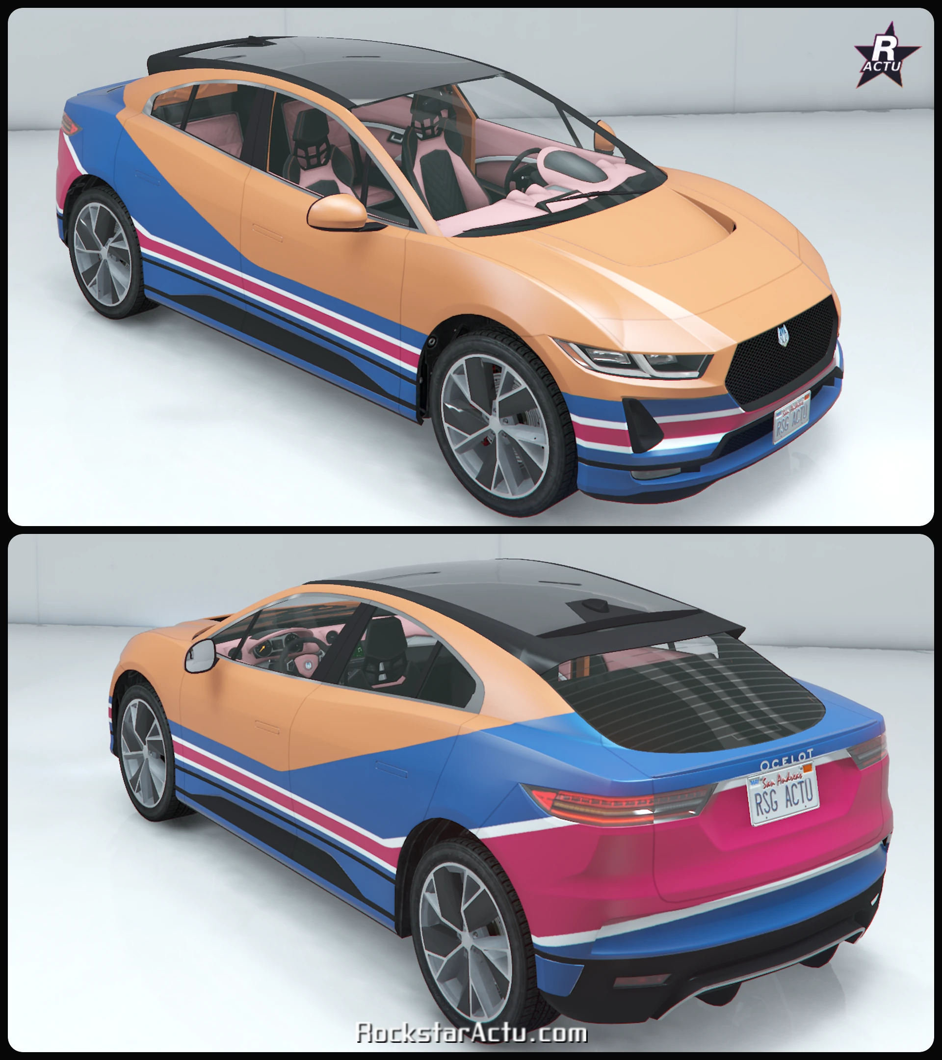 Livrée Le monarque bleue et rouge sur l'Ocelot E-Stride, avant et arrière