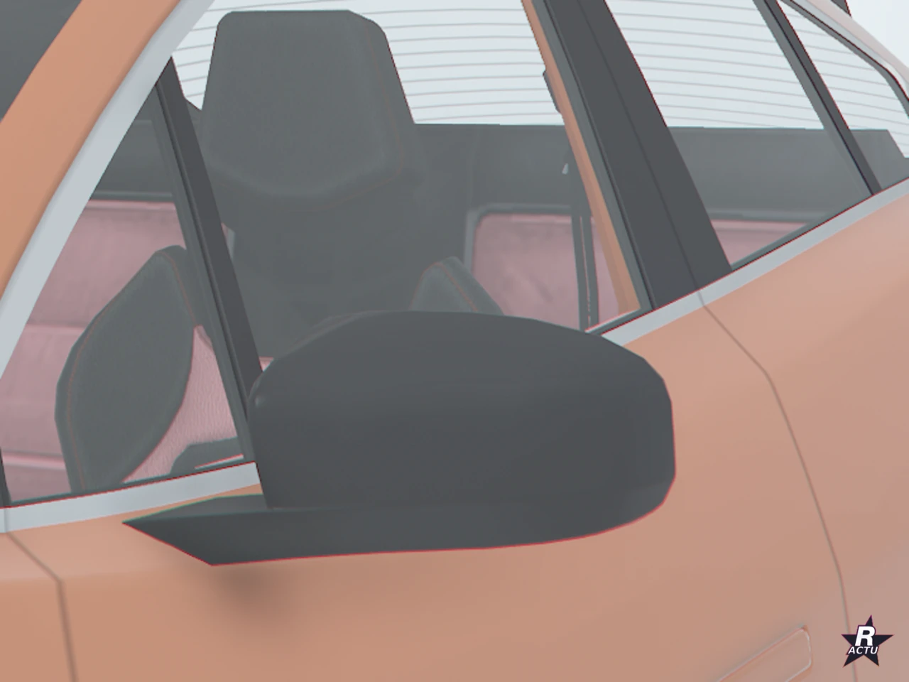 Rétroviseur de porte noir mat sur le flanc orange de l'E-Stride