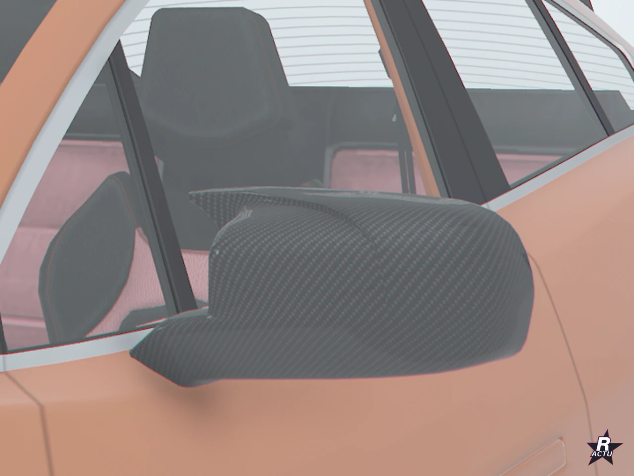 Rétroviseur sport en carbone noir sur la porte de l'Ocelot E-Stride