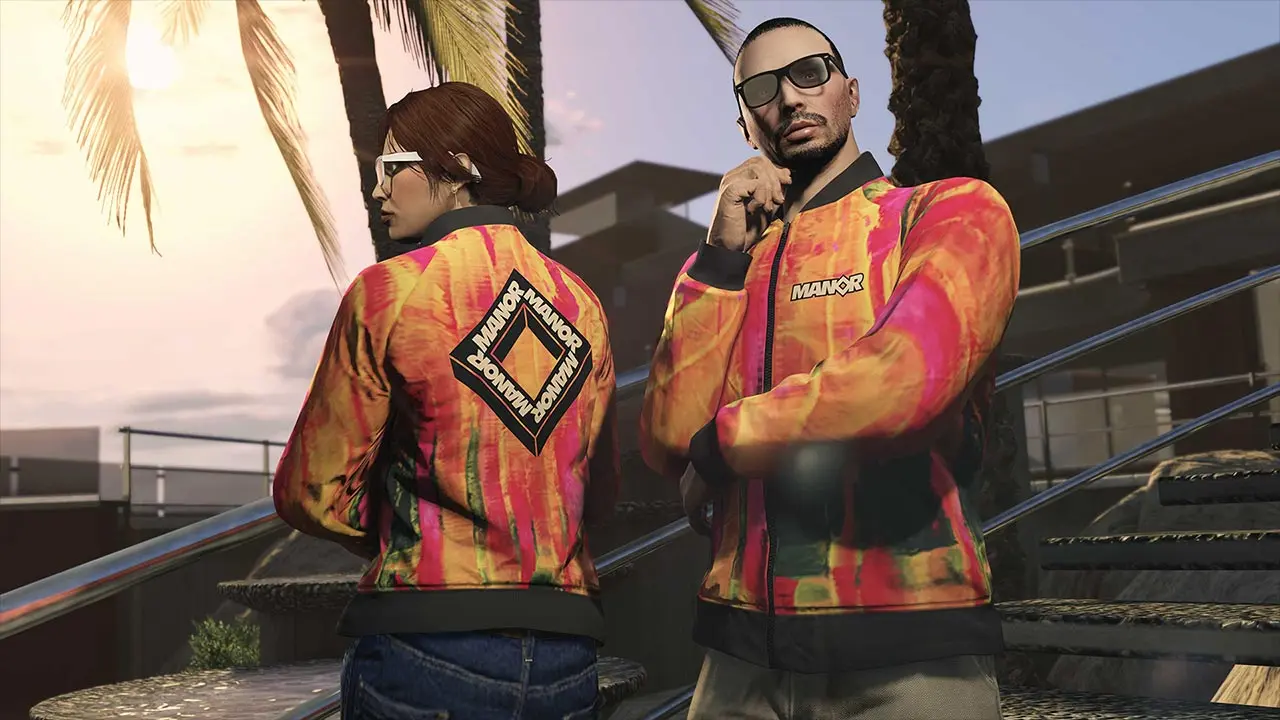 Deux joueurs de GTA Online, portant tous les deux, le Blouson zippé Manor orange.