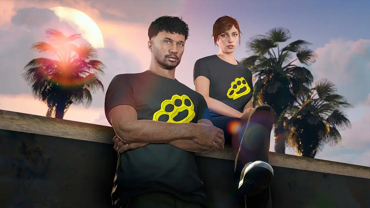 Deux joueurs de GTA Online portant sur eux, le t-shirt poing américain, un haut noir floqué d'un poing américain jaune