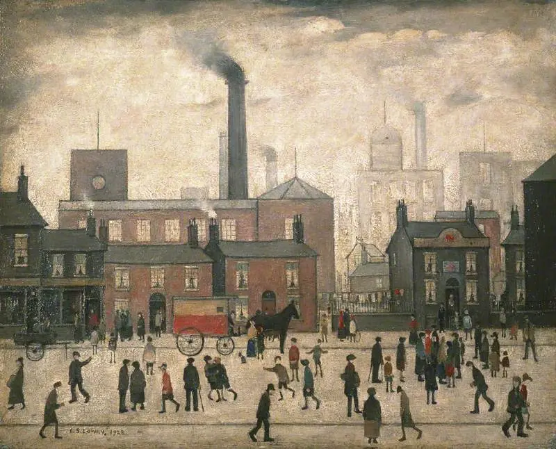 Tableau "Coming Home from the Mill" du peintre L. S. Lowry, représentant une usine style vingtième siècle avec des personnages qui marchent devant.