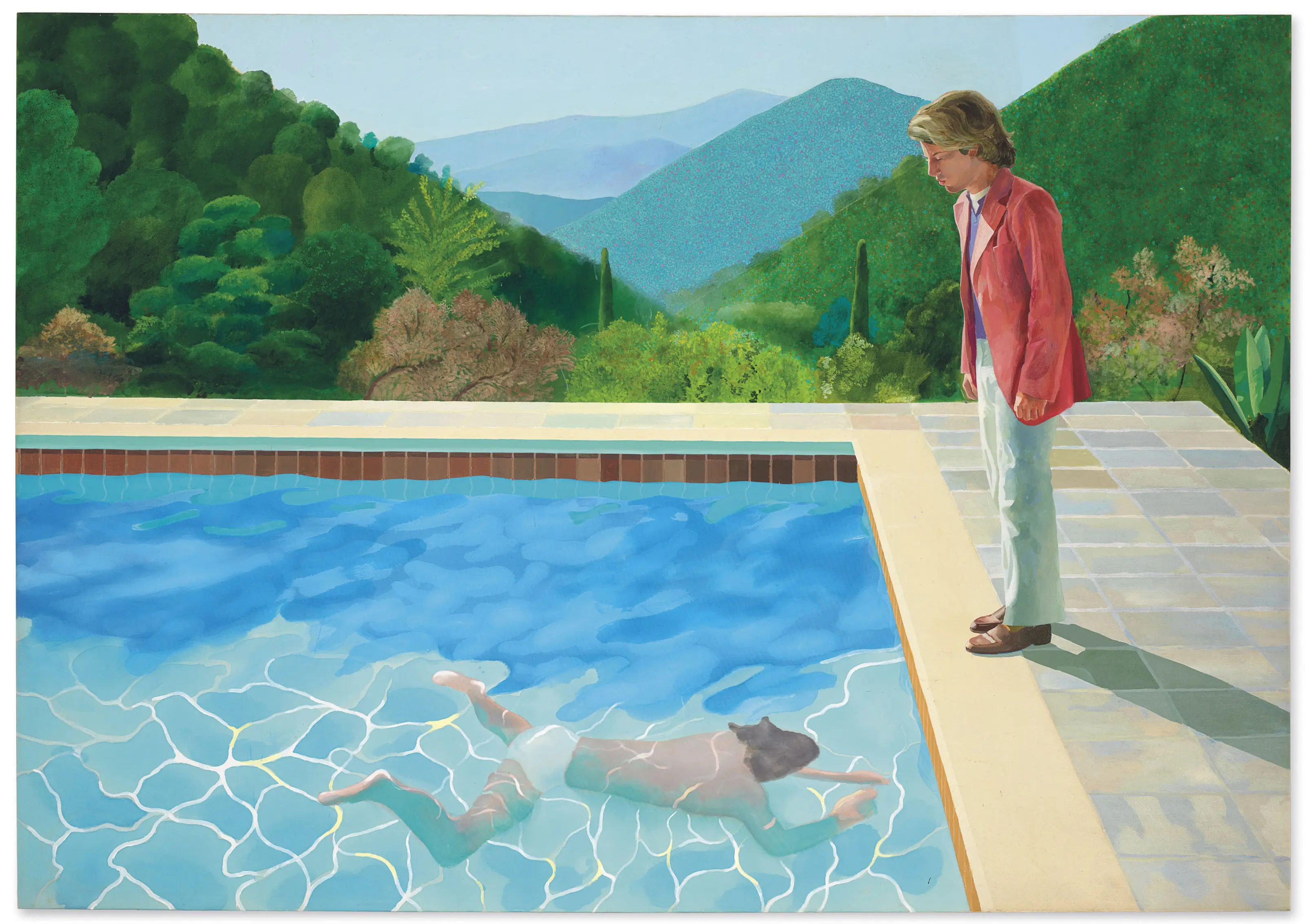 Autoportrait de David Hockney regardant une personne nager au bord d'une piscine.