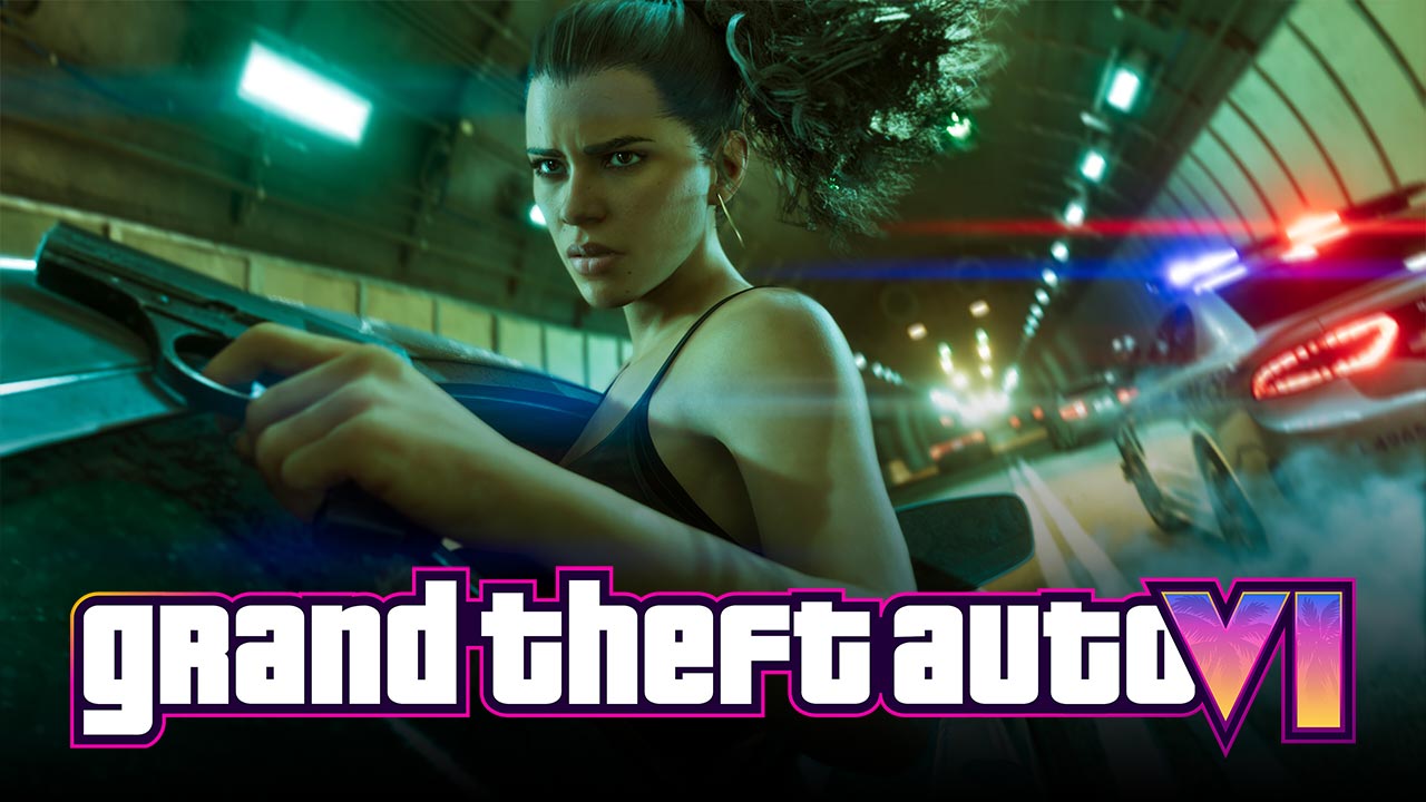 Lucia sortant sa tête de la voiture pour regarder les actualités de GTA VI.