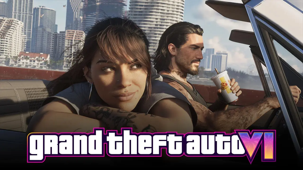 Lucia accoudée sur la portière d'une voiture avec un regard rêveur dans le jeu vidéo GTA 6. Le logo du jeu, Grand Theft Auto VI, est également sur l'image.