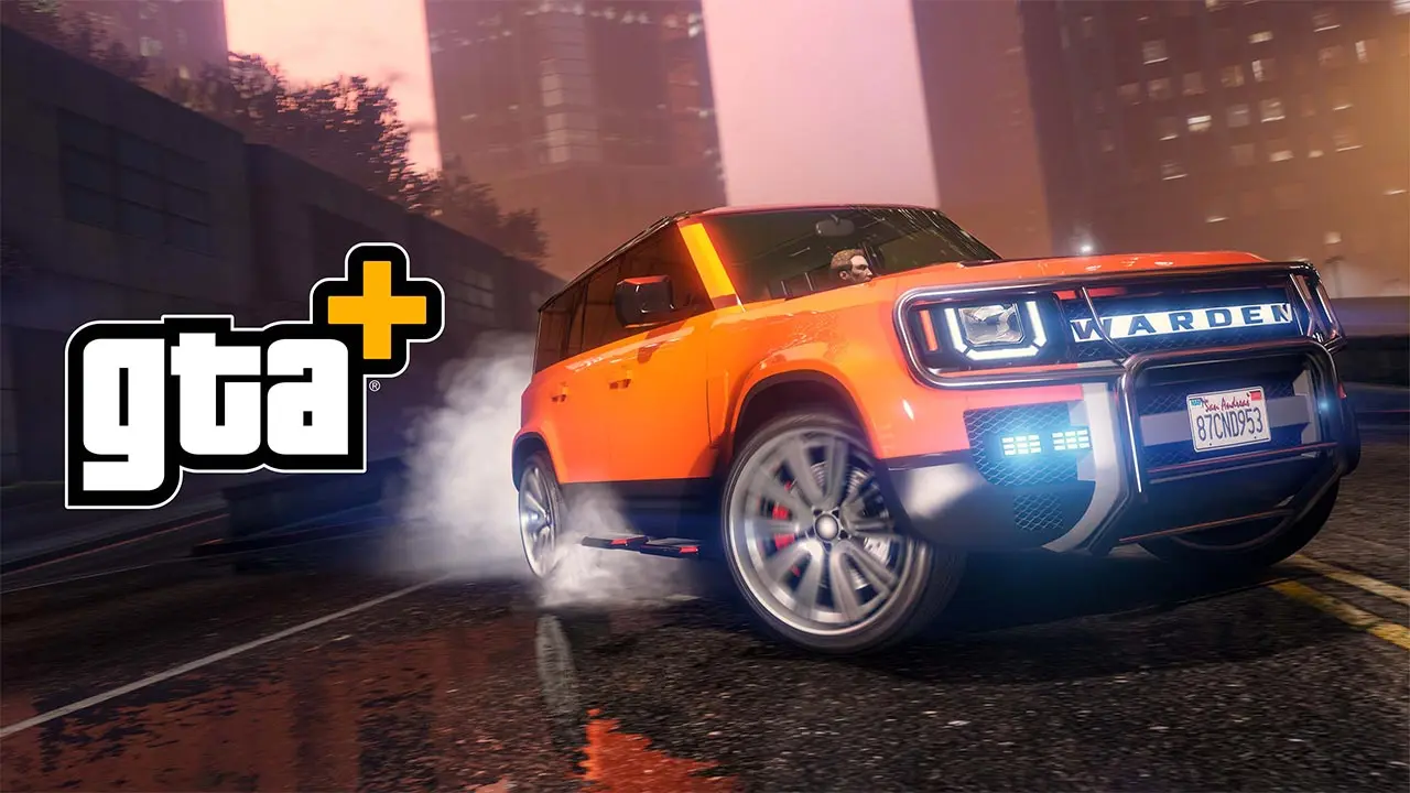 Voiture Warden peinte en orange avec la ville de Los Santos en arrière plan. Il s'agit du véhicule offert avec les avantages GTA+ du mois d'août 2026.
