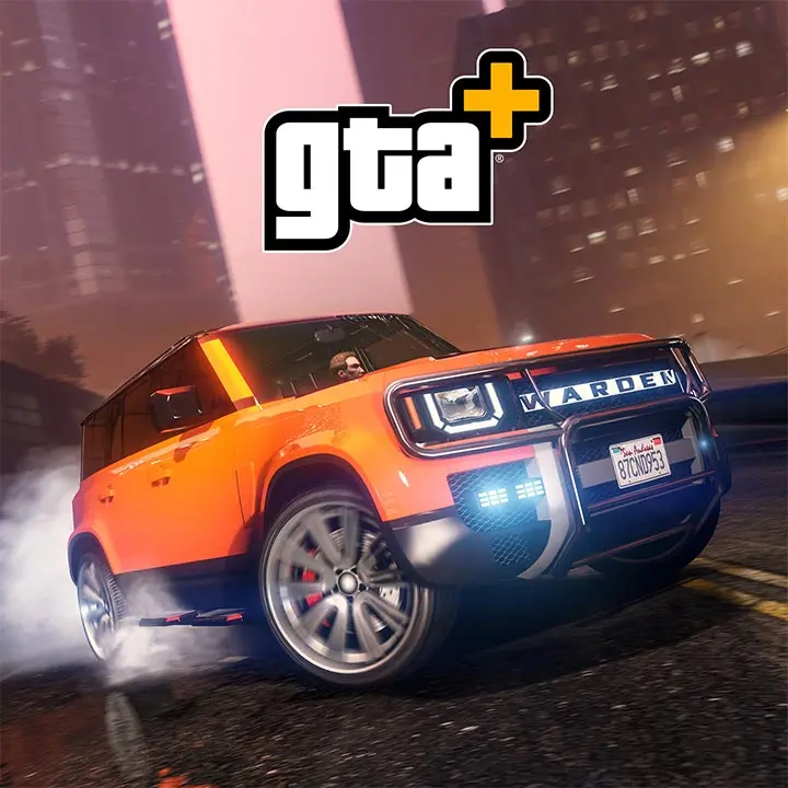 Voiture Warden peinte en orange avec la ville de Los Santos en arrière plan. Il s'agit du véhicule offert avec les avantages GTA+ du mois d'août 2026.