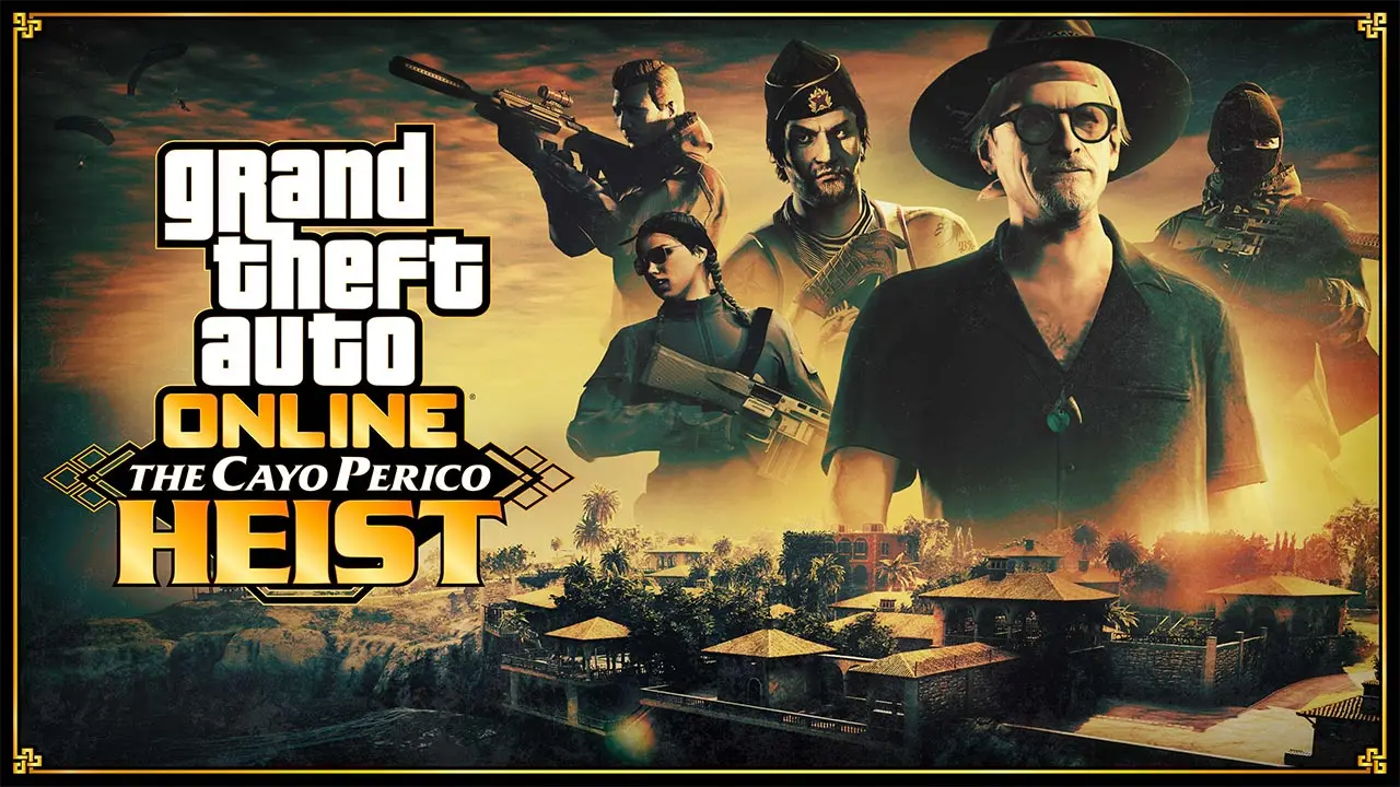 image promotionnelle d'un événement, style, bonus de la semaine, du braquage de Cayo Perico dans GTA Online.