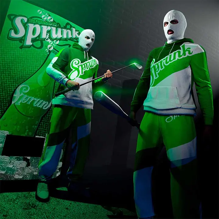 Deux joueurs de GTA Online portant la tenue Sprunk, adossés devant un distributeur de cette même boisson gazeuse.