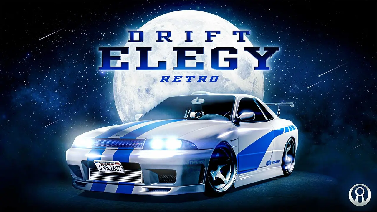 Image promotionnelle de la voiture japonaise Annis Elegy Retro Custom dans sa configuration drift, sous une lune géante.