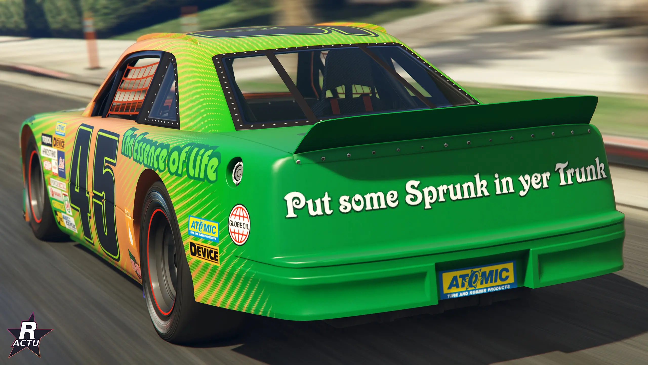 Vue arrière de la Declasse Hotring Sabre n°45 en livrée Sprunk dans GTA Online
