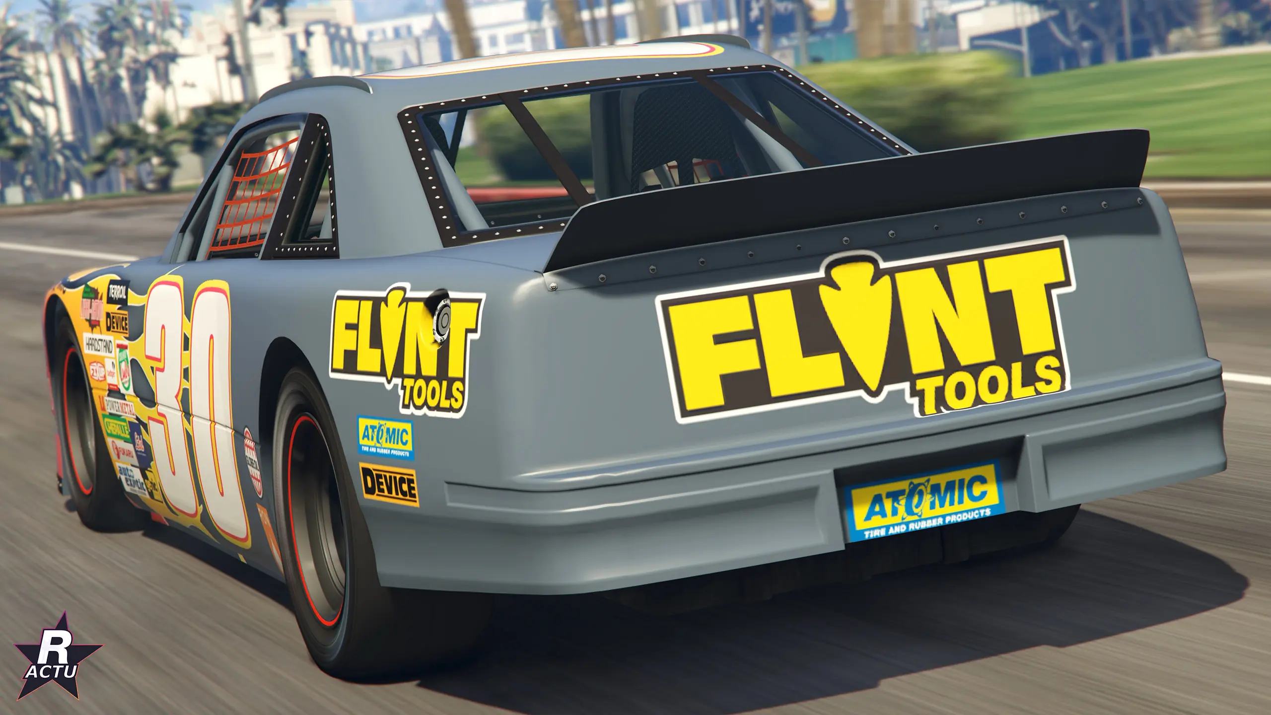 Vue arrière de la Declasse Hotring Sabre n°30 en livrée Flint Tools dans GTA Online