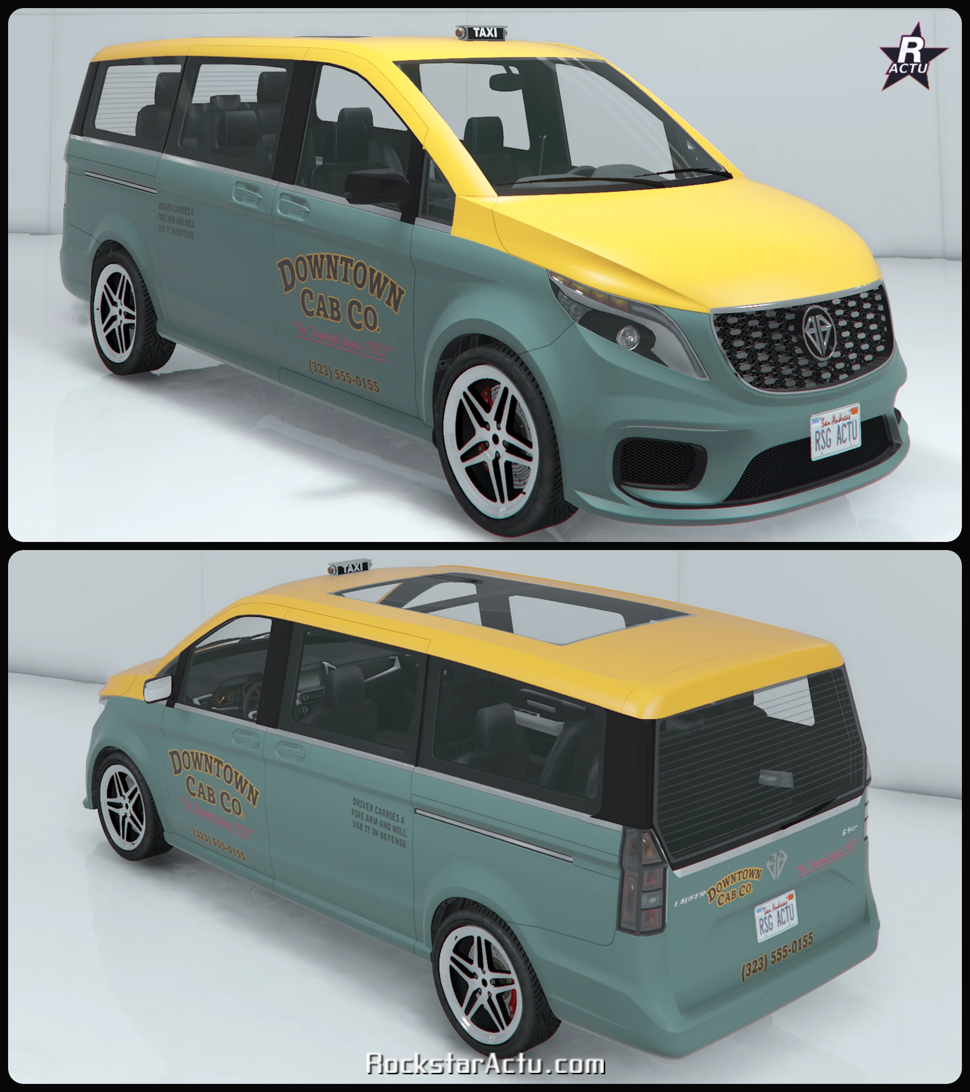 Livrée taxi jaune Downtown Cab Co. sur la Benefactor Läufer, avant et arrière