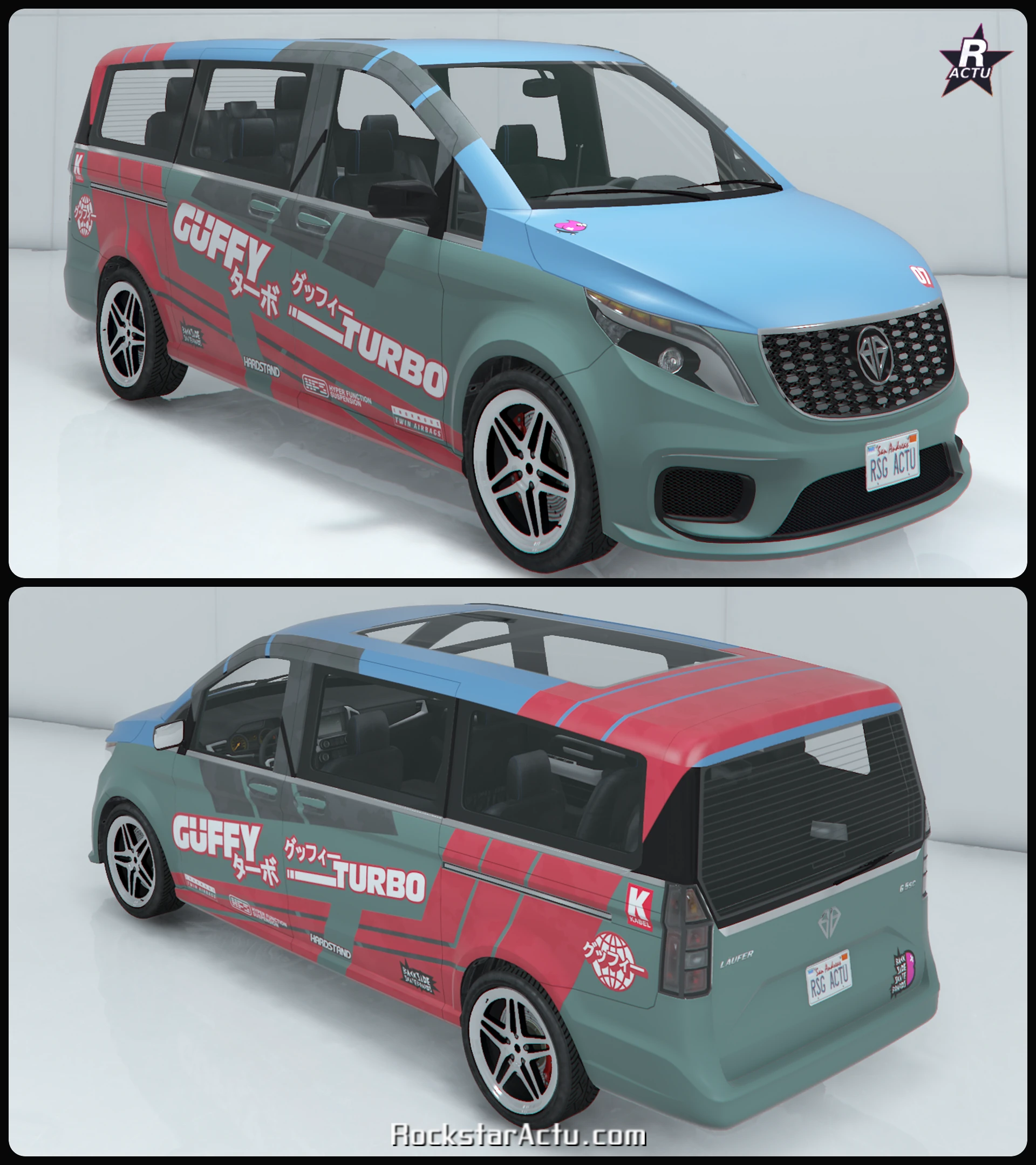 Livrée de course Pilote Güffy rouge sur la Benefactor Läufer, avant et arrière