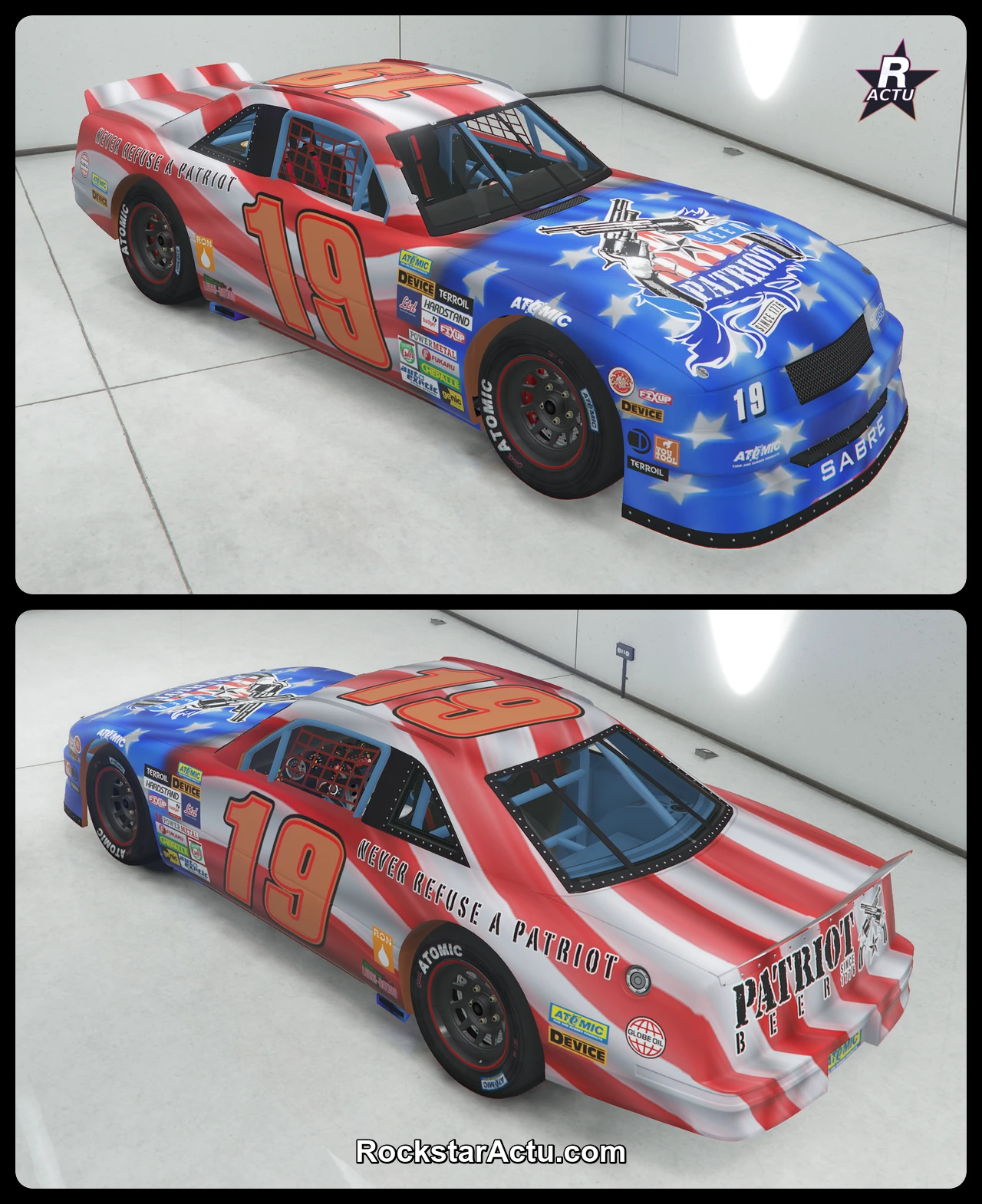 Vue avant et arrière de la Declasse Hotring Sabre avec la livrée 19 Bière Patriot dans GTA Online