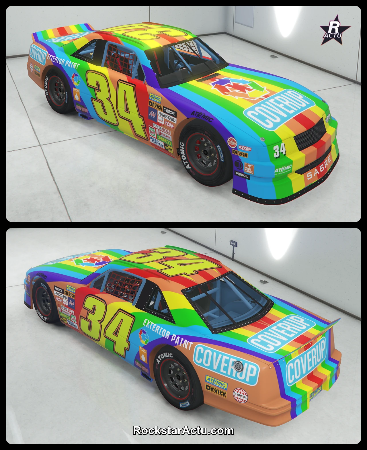 Vue avant et arrière de la Declasse Hotring Sabre avec la livrée 34 Peinture Cover Up dans GTA Online