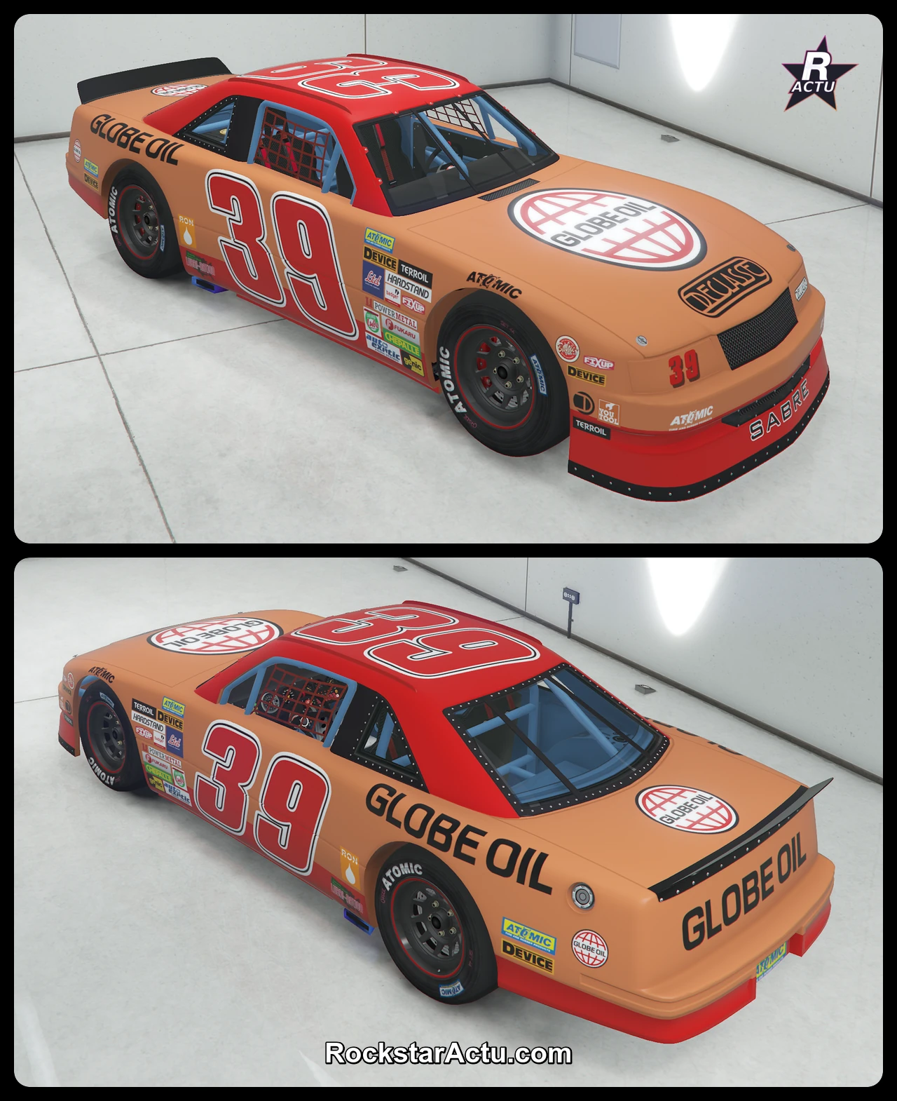 Vue avant et arrière de la Declasse Hotring Sabre avec la livrée 39 Globe Oil dans GTA Online