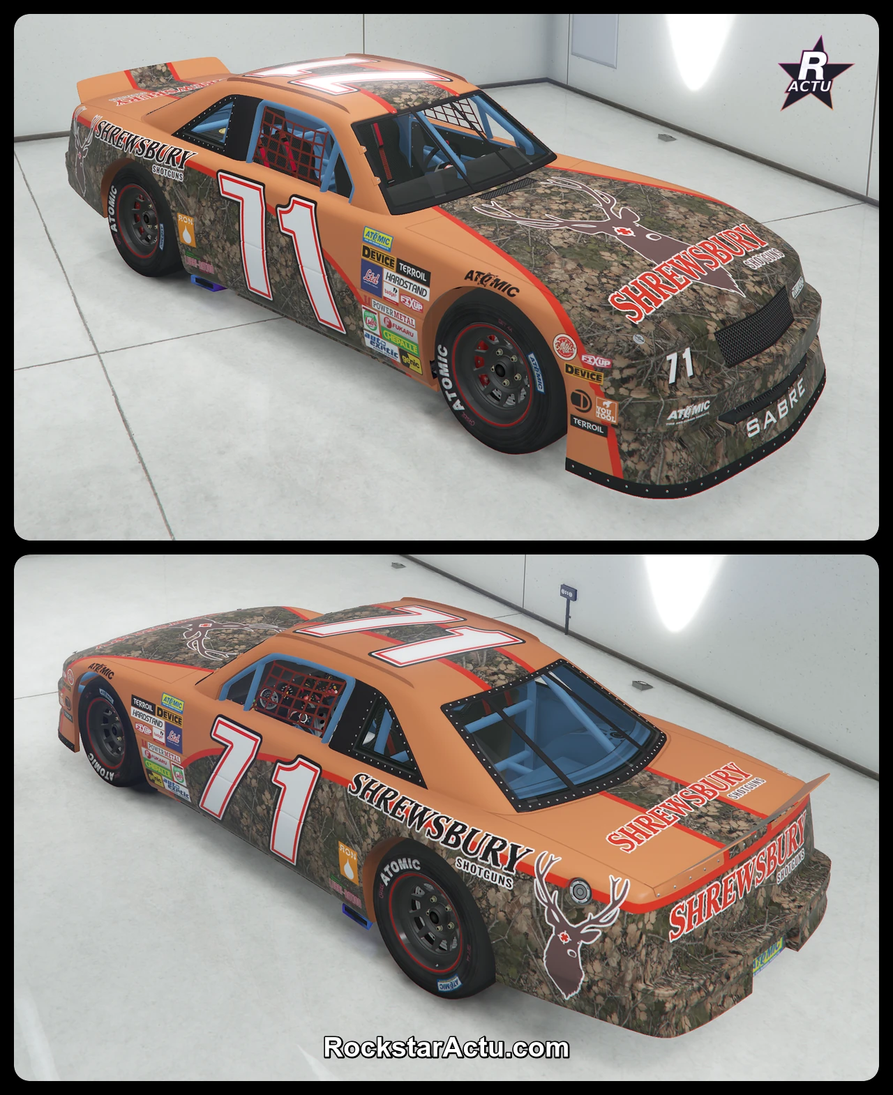 Vue avant et arrière de la Declasse Hotring Sabre avec la livrée 71 Fusils Shrewsbury dans GTA Online