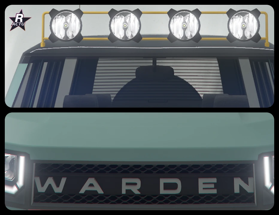 Quatre projecteurs ronds sur le toit du Gallivanter Warden