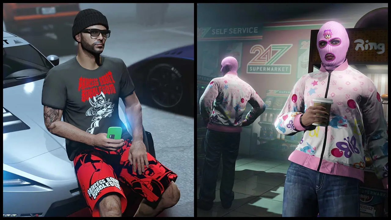 Des joueurs portant les vêtements "Blouson zippé SN x PRB rose" et le "T-shirt PRB" et son short. Il s'agit de vêtements exclusifs aux abonnés GTA+ du mois d'août 2026