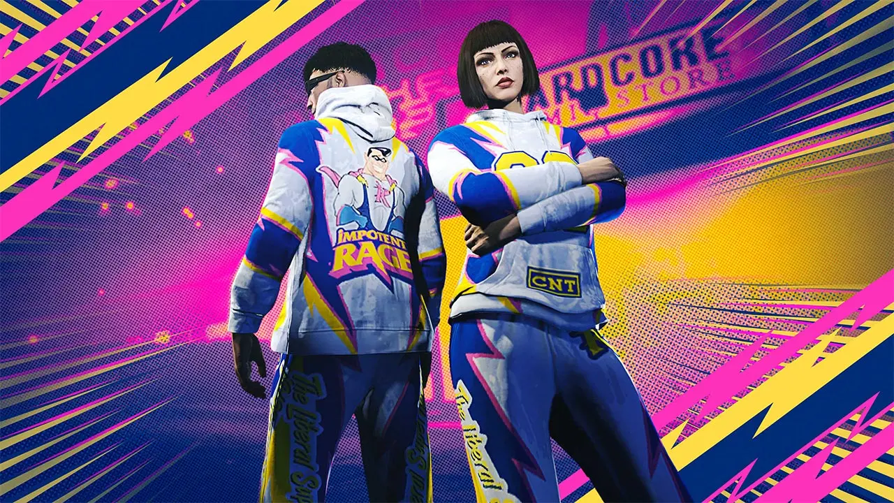 Deux joueurs de GTA Online, l'un de dos et le second de face, portant le vêtement rare « Survêt Rage impuissante ».