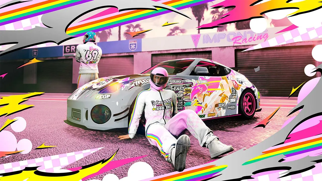 Deux joueurs de GTA Online se tenant devant une voiture, en étant habillés avec la tenue "Survêt de course Princess".