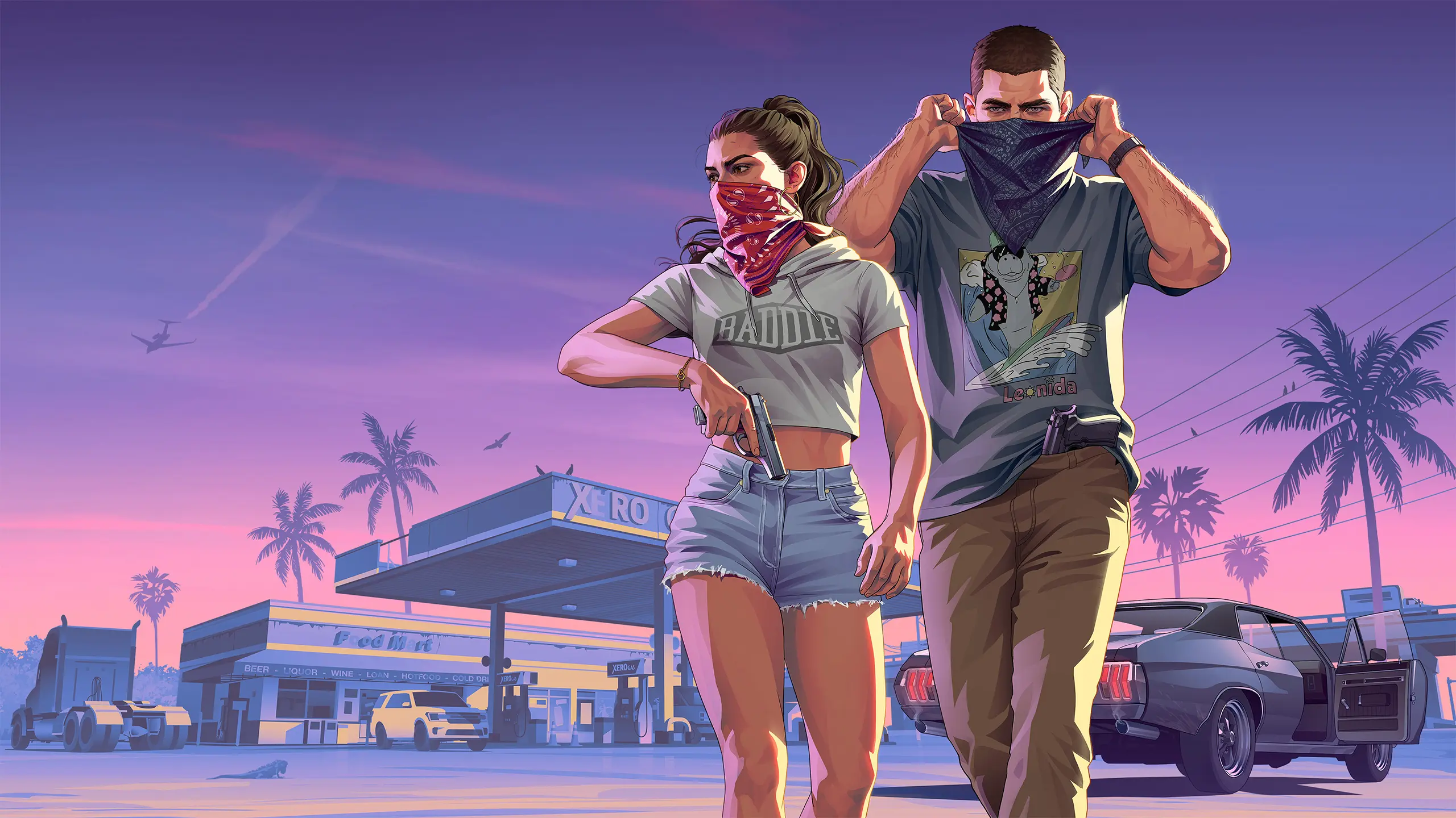 Artwork officiel de GTA VI représentant les protagonistes Jason et Lucia, quittant une station service après un braquage, sous un couché de soleil.