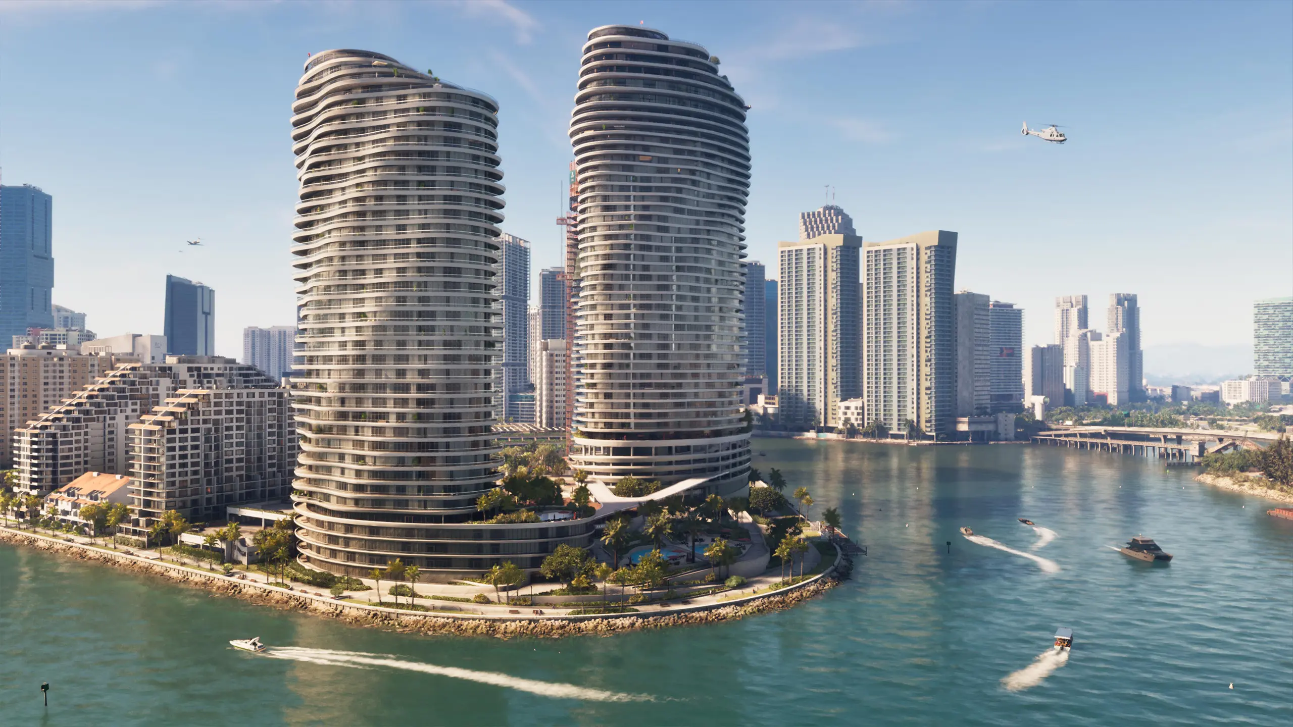 Vue de la ville de vice City de GTA VI, plus particulièrement du centre ville avec les 2 immeubles Pegassi Residences.
