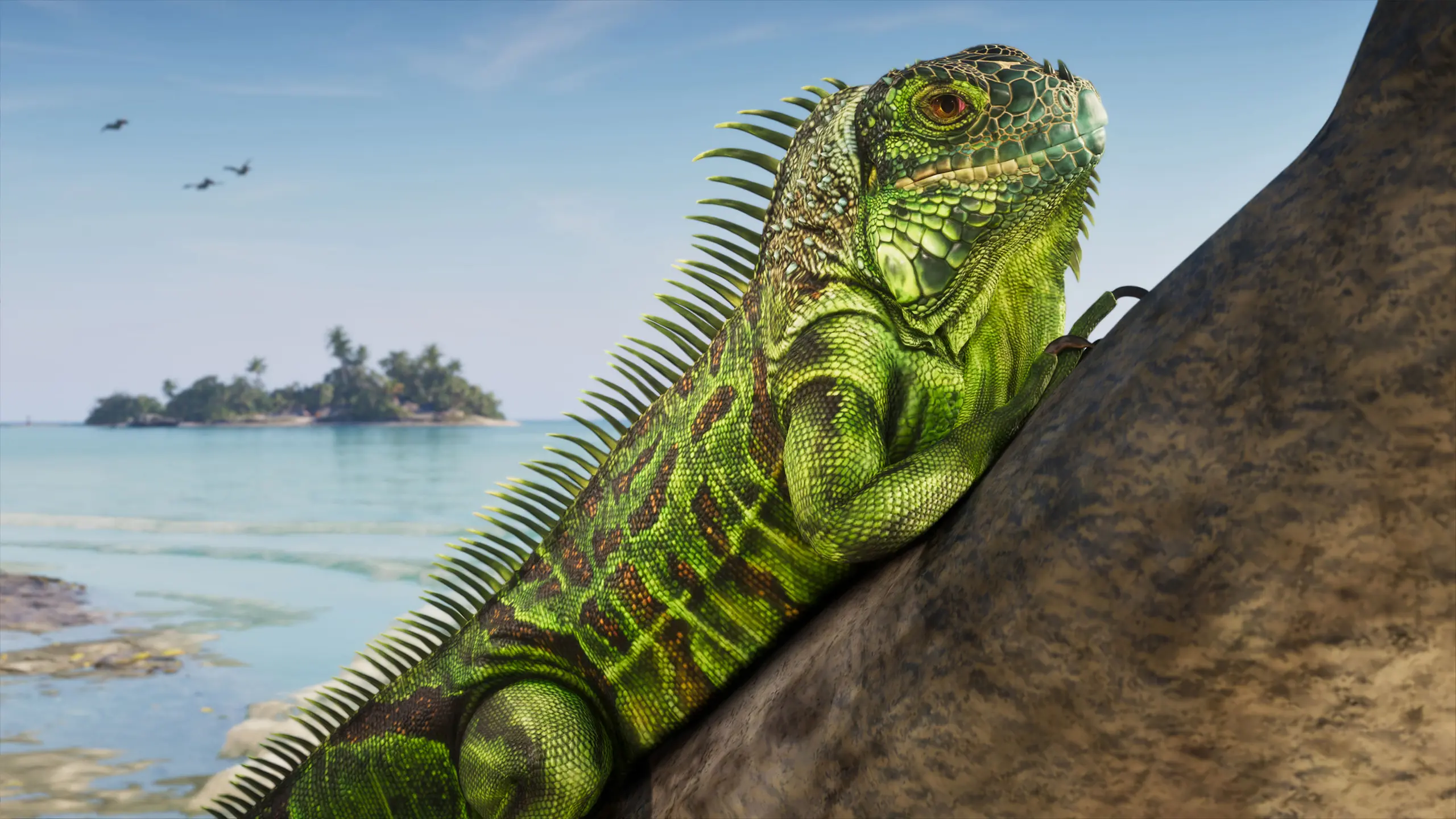 Gros plan sur un iguane sur un arbre le long de la côte tropicale au sud de la carte de GTA VI.