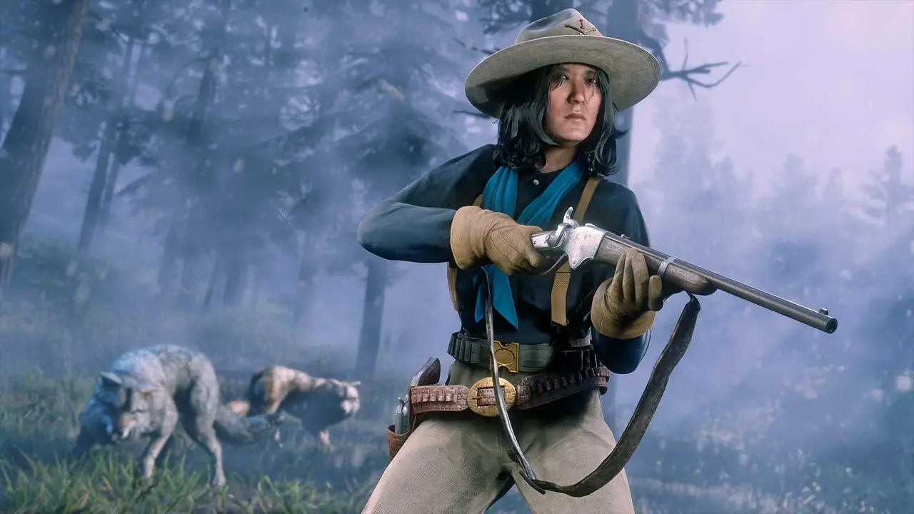 Une joueuse de Red Dead Online portant la tenue Frontiersman dans une forêt avec un loup derrière elle.