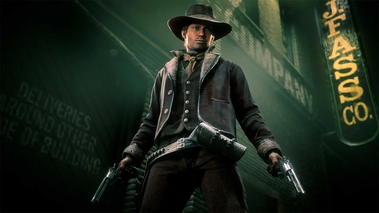 Image présentant un joueur de Red Dead Online portant la tenue communautaire  d'août 2026, créée par Victorian_Cowgirl, dans une rue sombre de Saint Denis.