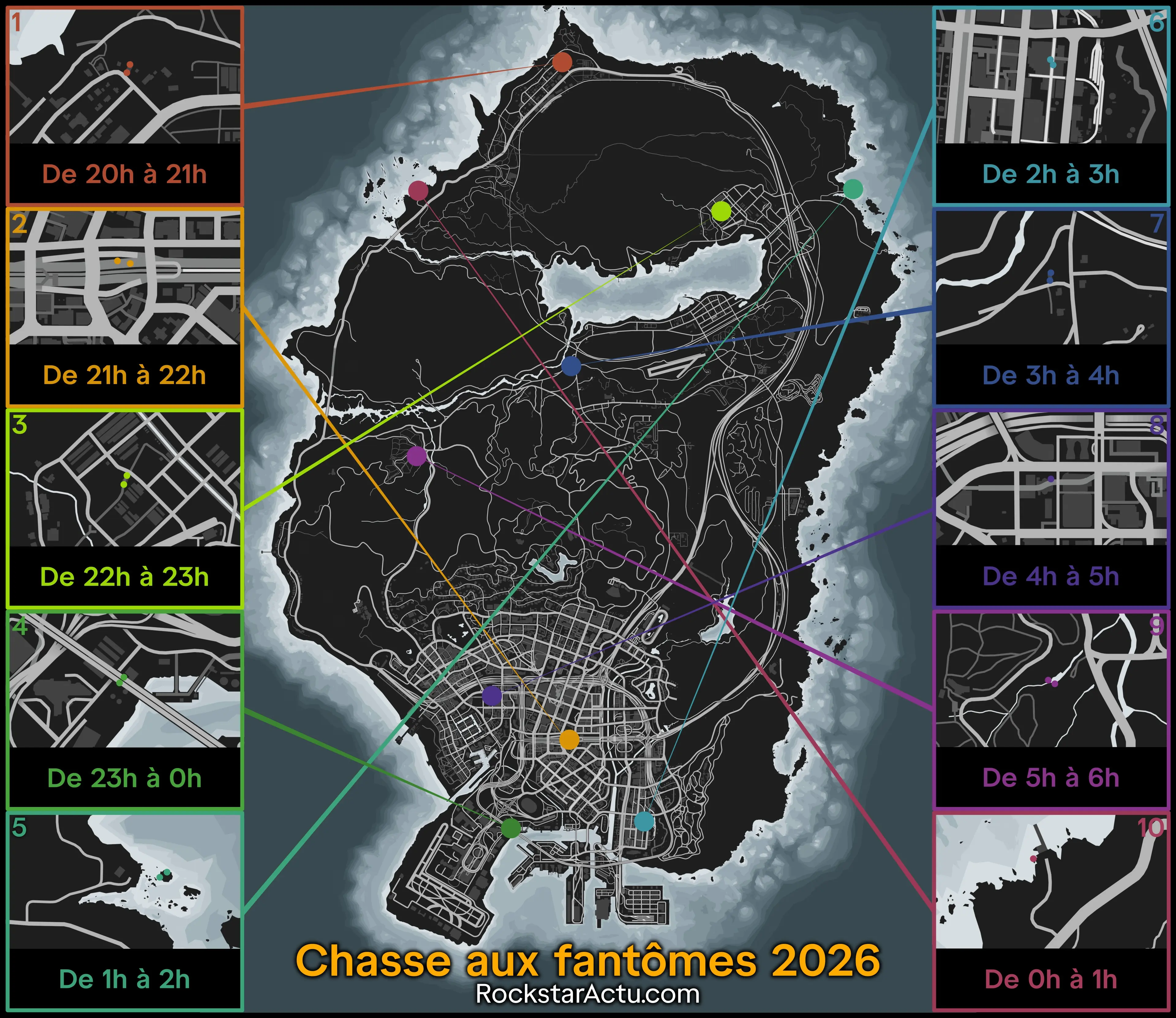 Carte des emplacements des fantômes à photographier dans GTA Online pour l'événement d'Halloween 2026.