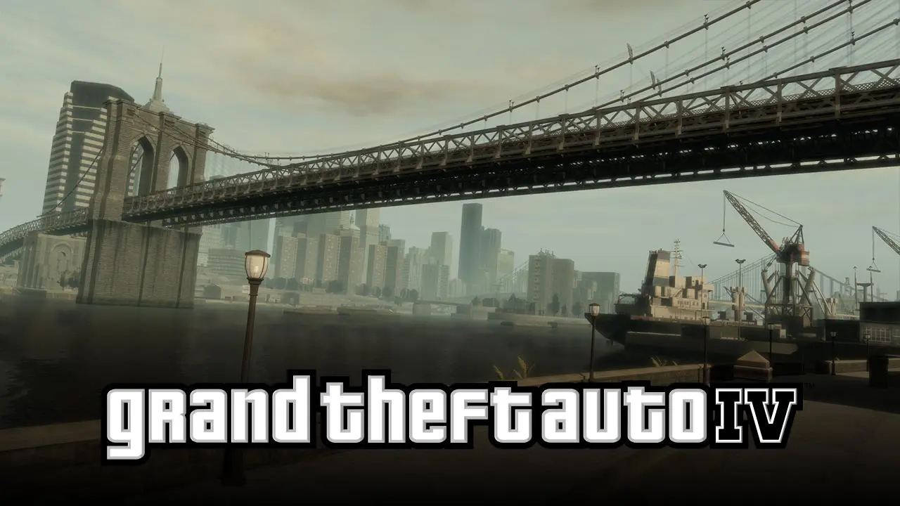 Image d'un pont de Liberty City dans le jeu vidéo GTA IV, avec le mod graphique anti-aliasing DLSS-IV d'installé.