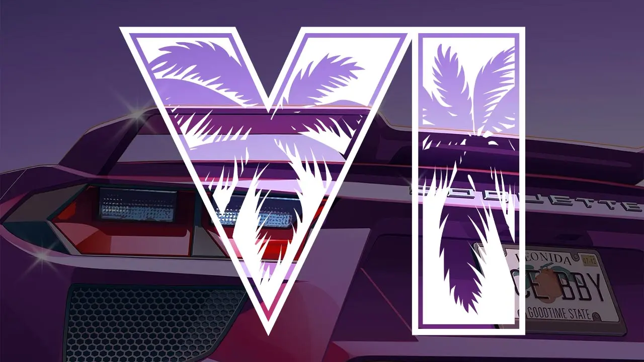 Artwork d'une voiture Invetero Coquette avec le logo GTA VI par dessus en grand.